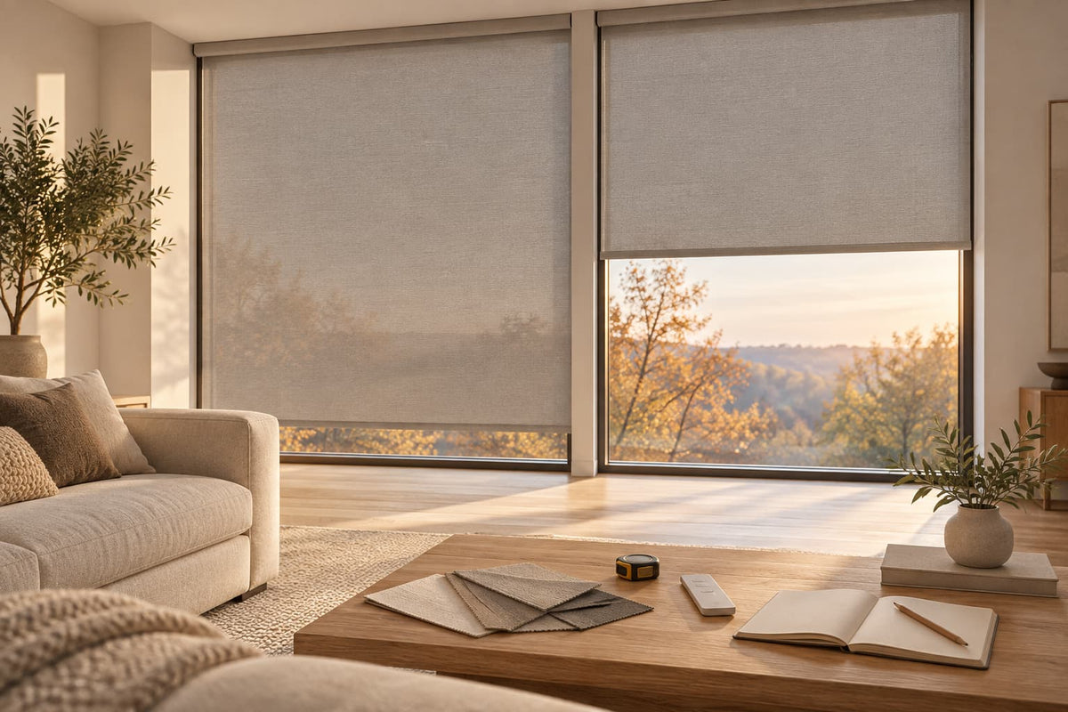 Motorized roller shades in a sunlit living room with fabric swatches, a tape measure, and a remote on the coffee table.