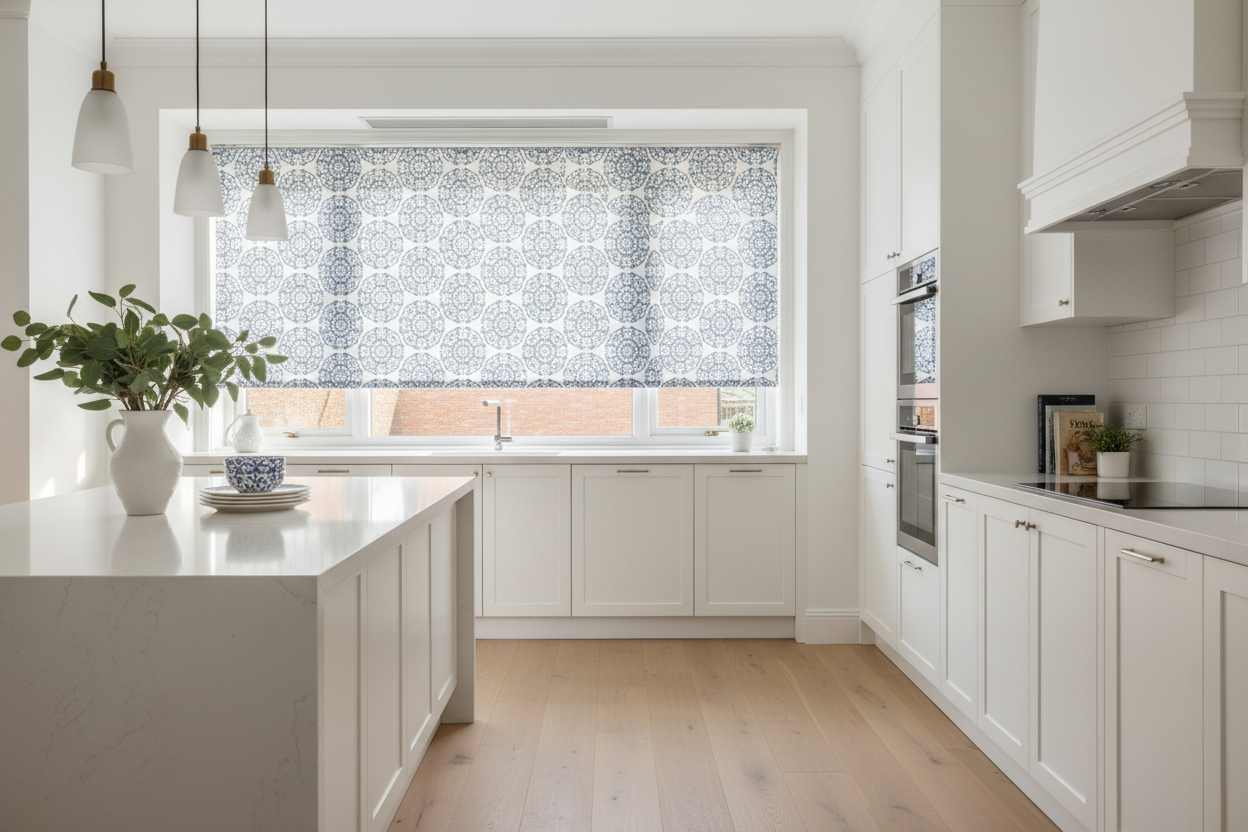 Your White Kitchen Is Begging for a Patterned Roller Shade