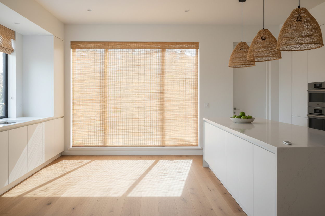 Why I Always Put a Rattan Window Shade in Sterile White Kitchens
