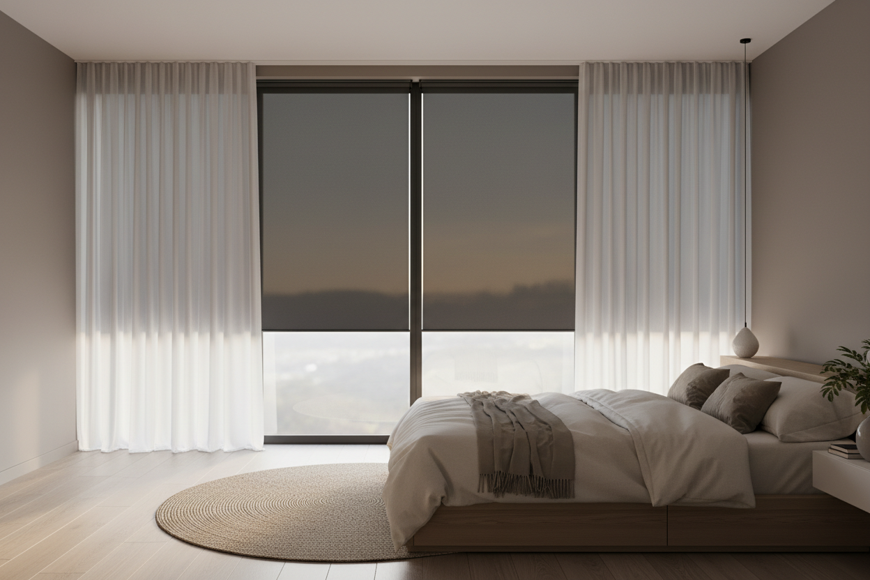I Layer Blackout Roller Shades Under Drapes in Every Bedroom I Design