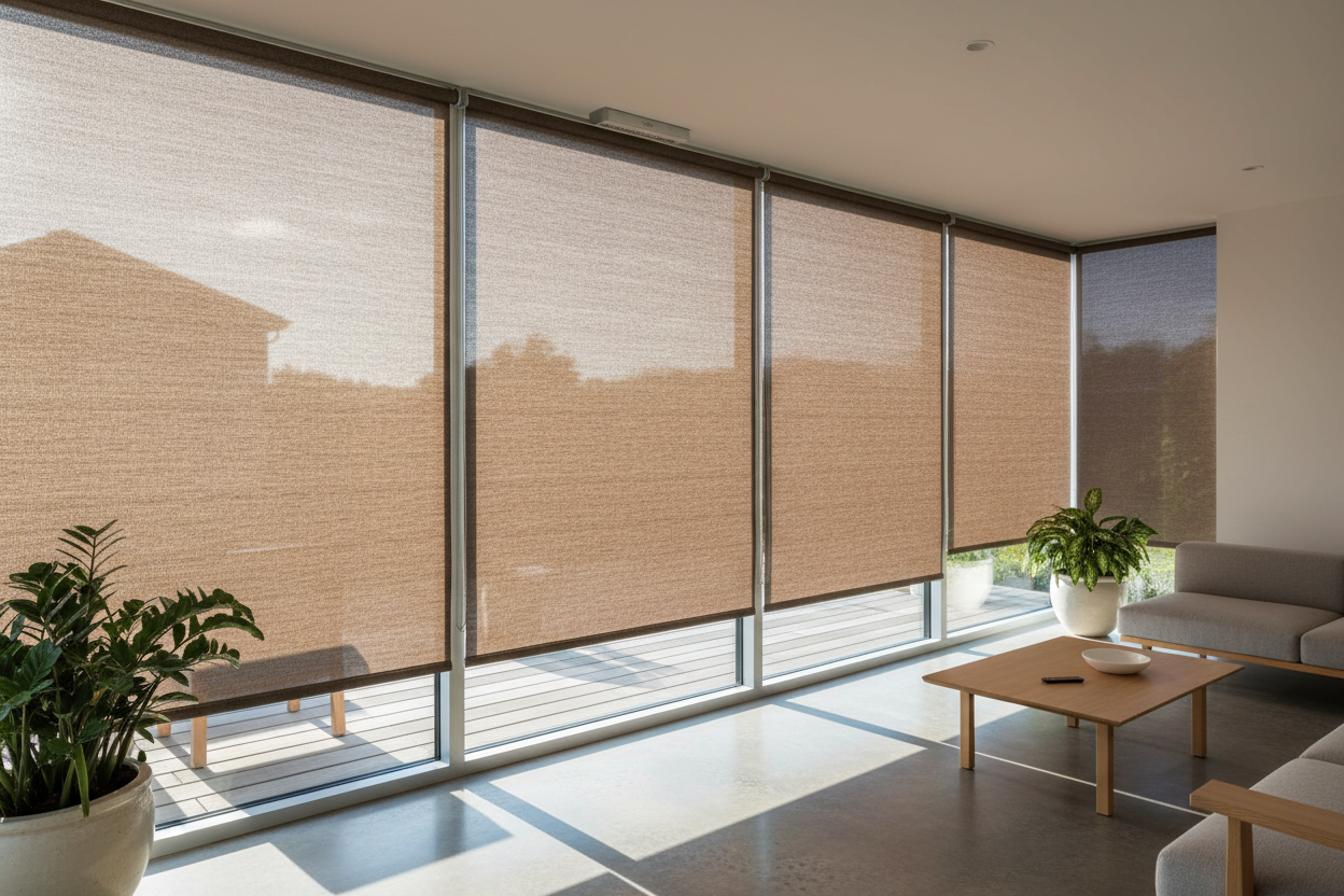 I Hate Stark White Patio Blinds—Enter the Coolaroo Mocha Roller Shade