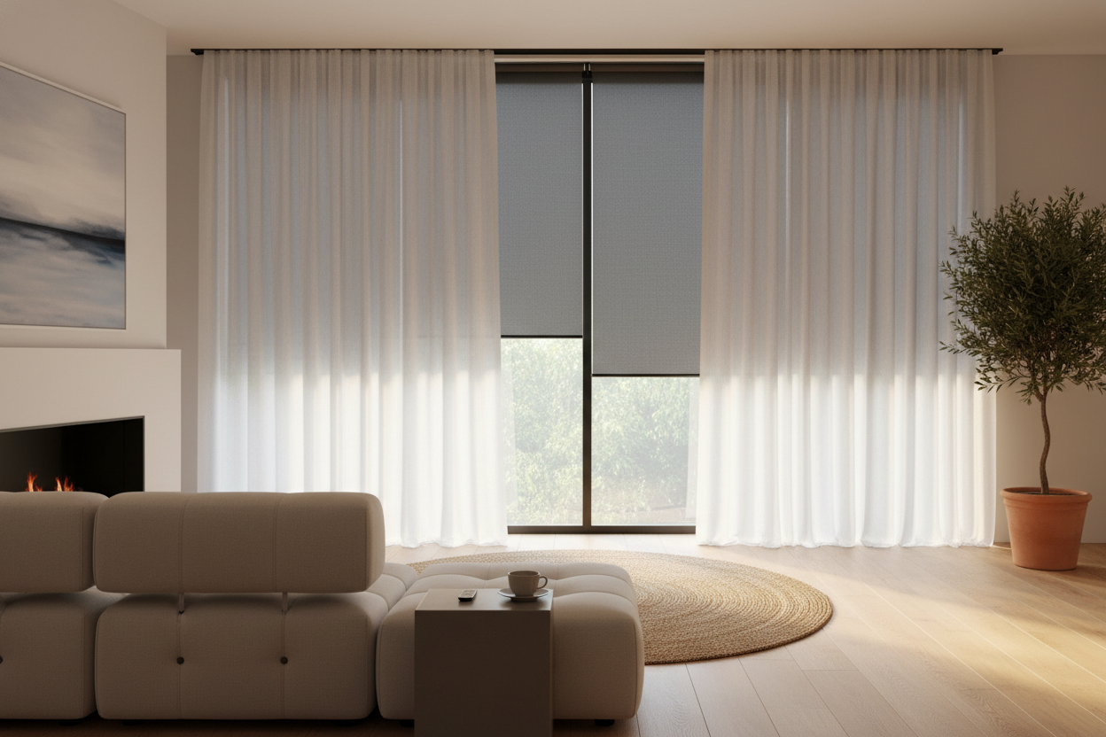 I Hated Solar Roller Shades Until I Layered Them Behind Linen