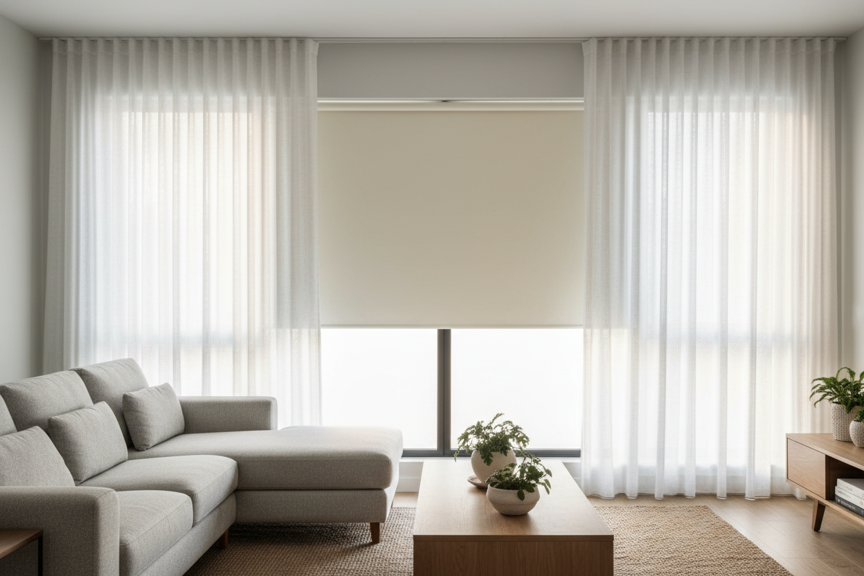 Why I Hide a Budget Stylewell Roller Shade Behind Expensive Drapes