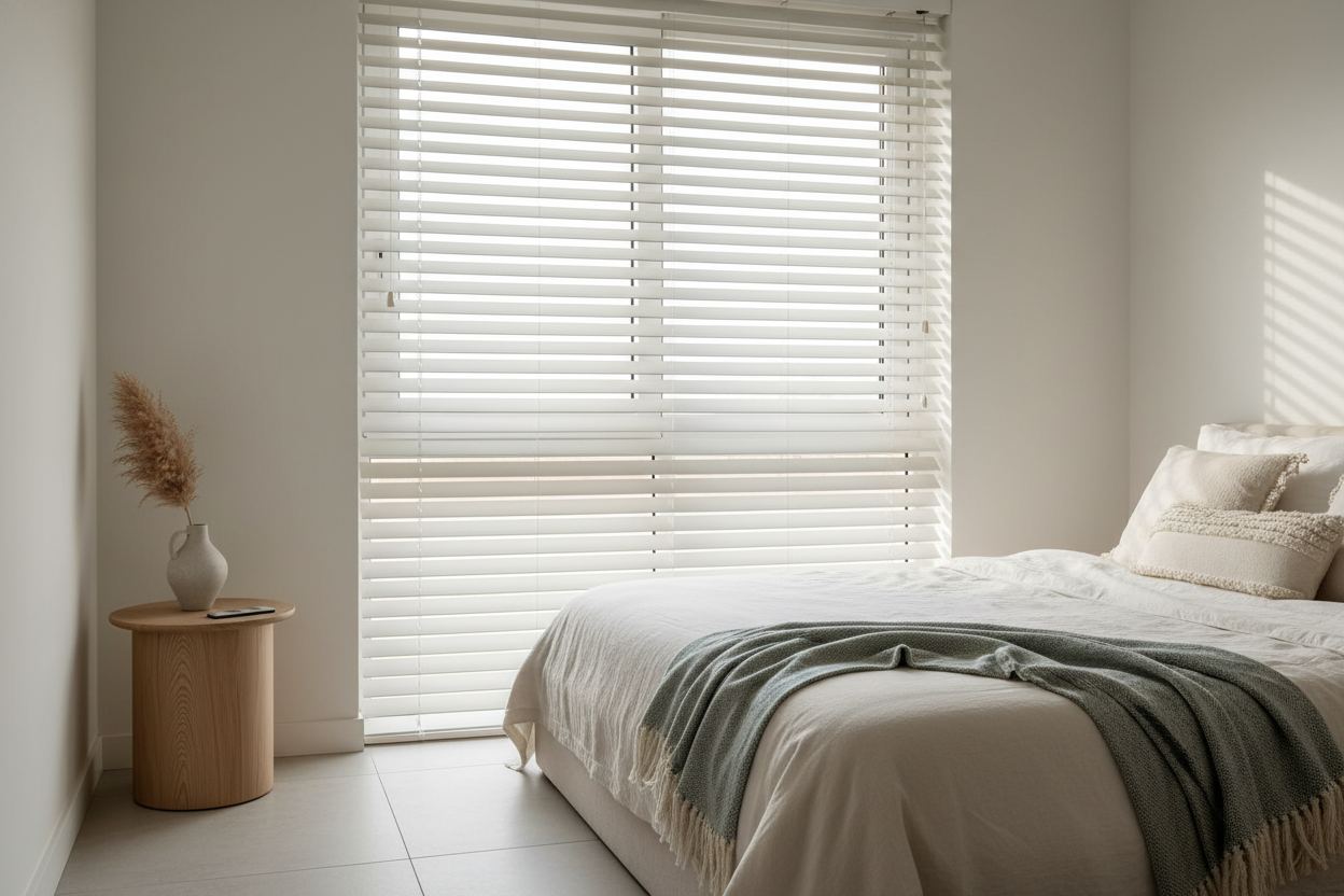 Pure White Blinds Look Cheap: Try Off-White Faux Wood Blinds Instead