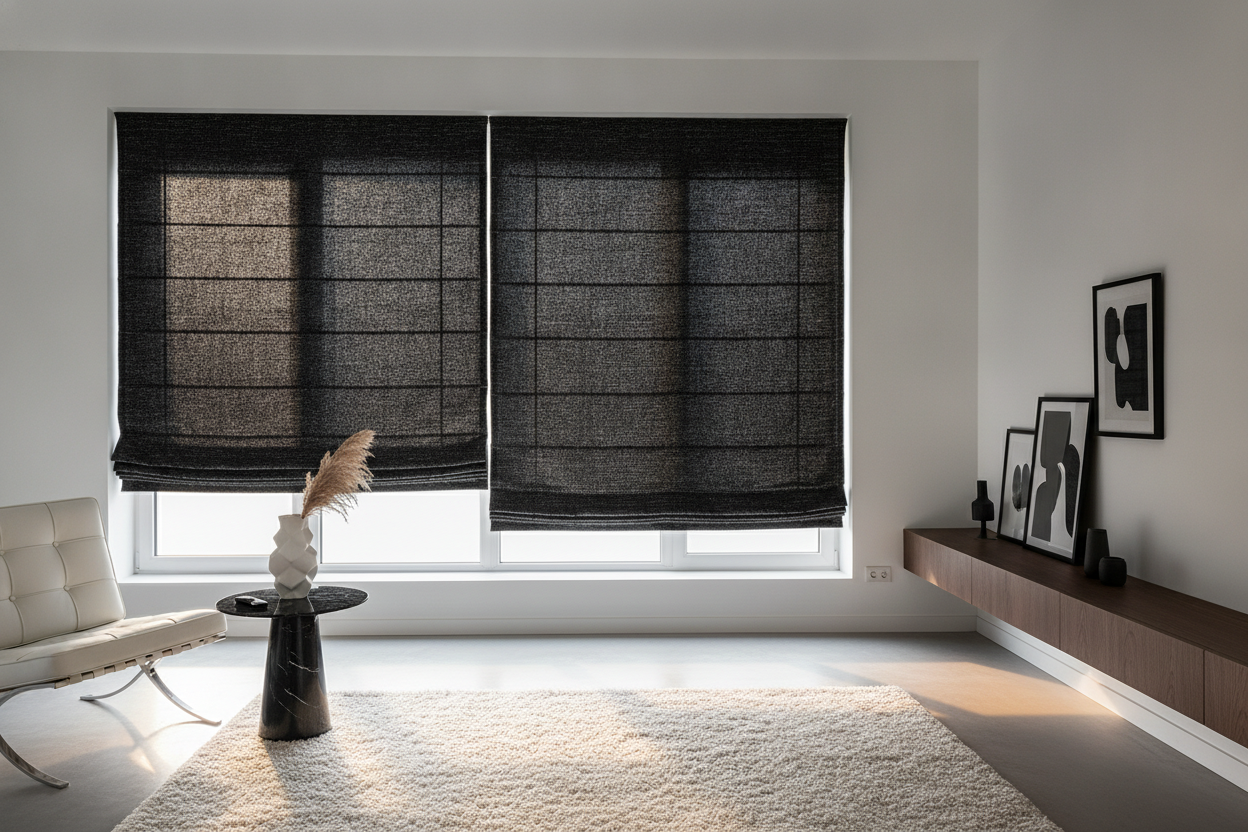 Why a Black Roman Shade Actually Warms Up a Stark White Room