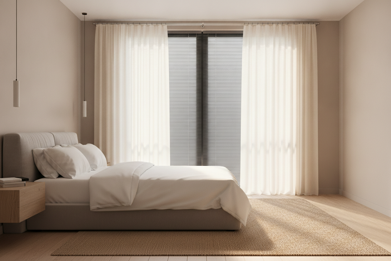 I Hid Mainstays Room Darkening Mini Blinds Behind Expensive Drapes