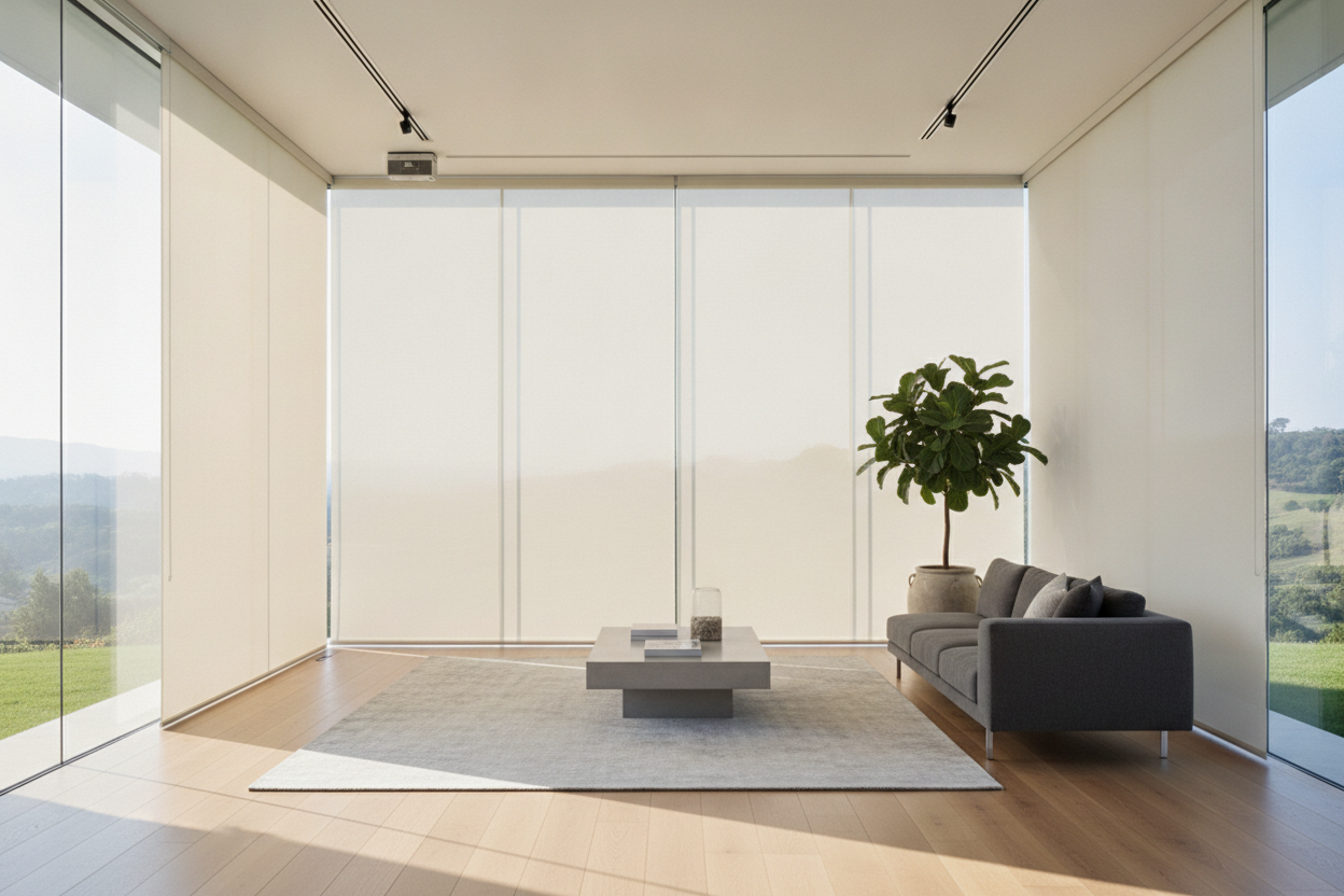 I Put Hunter Douglas Architectural Shades in a Glass Box Living Room
