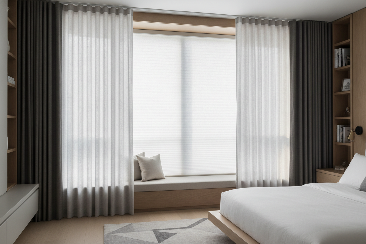 Why I Layered Select Blinds Cellular Shades Behind Custom Drapes