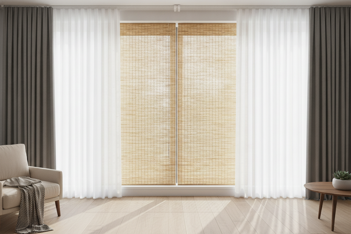 I Always Layer Drapes Over Light Bamboo Roman Shades (Here's Why)
