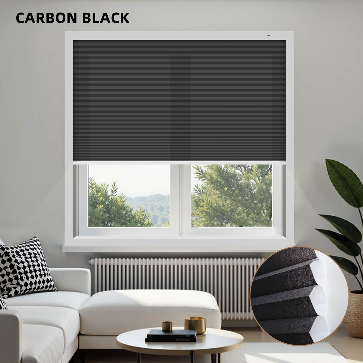 Window with carbon black Cellular blinds in a living room setting