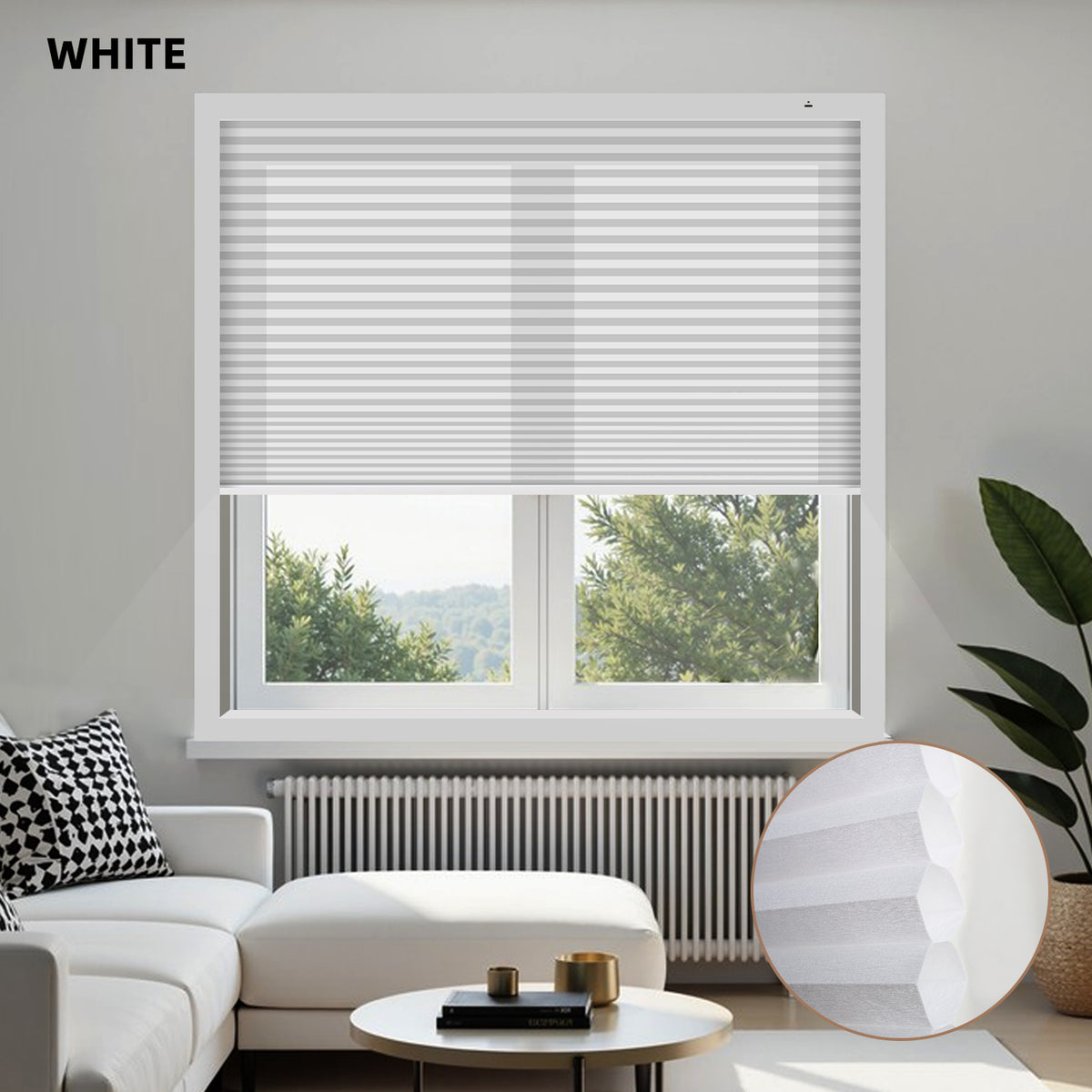 Living room with white window cordless motorized cellular shades, sofa, and decor elements.