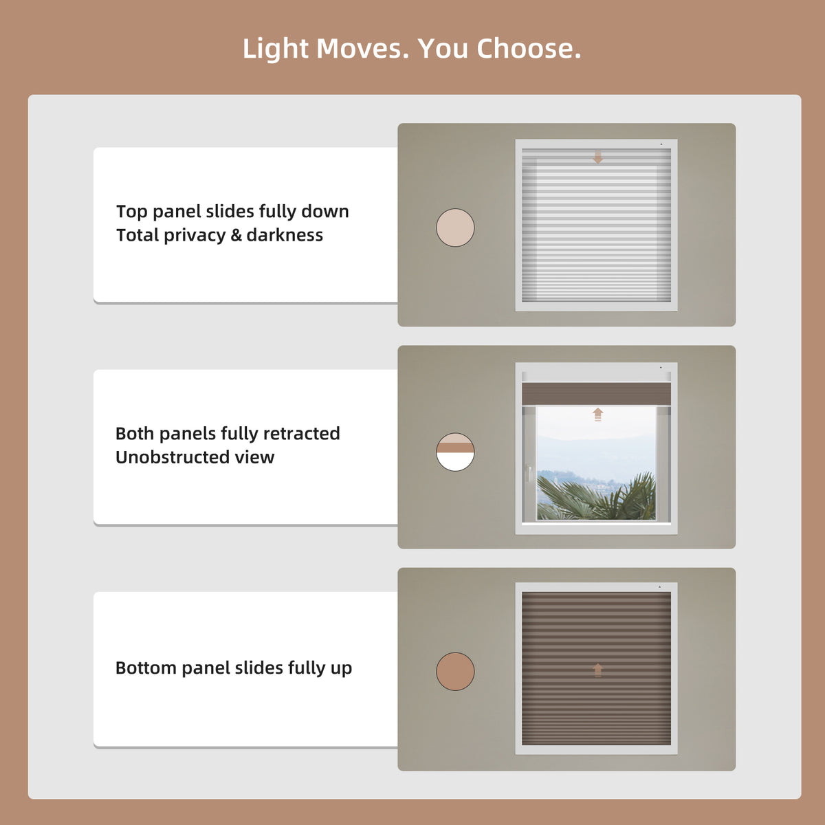 Illustration of a window blind system with three panel positions on a brown background.