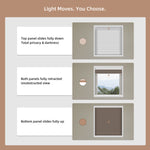 Illustration of a window blind system with three panel positions on a brown background.