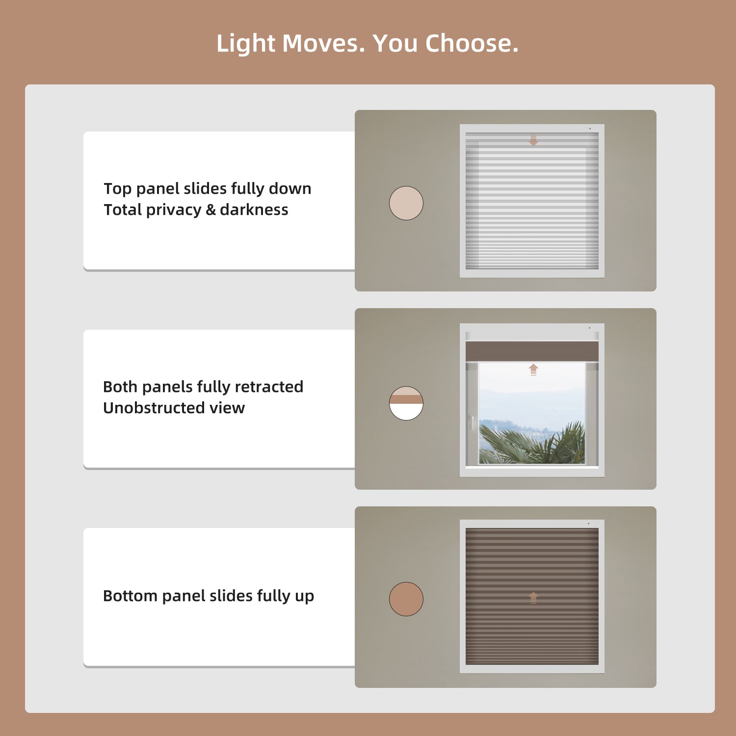 Illustration of a window blind system with three panel positions on a brown background.