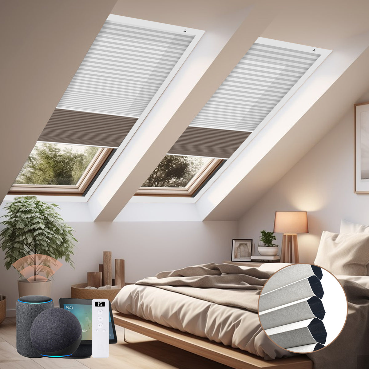 Bedroom with skylights covered by blinds, modern decor, and a plant.