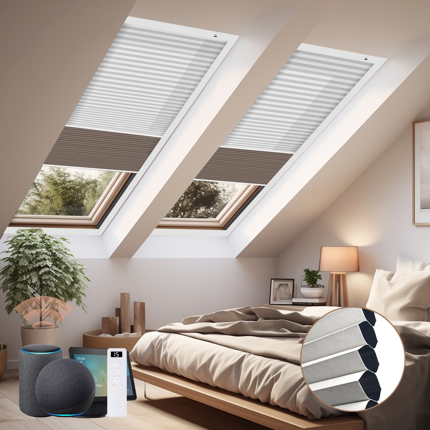 Bedroom with skylights covered by blinds, modern decor, and a plant.