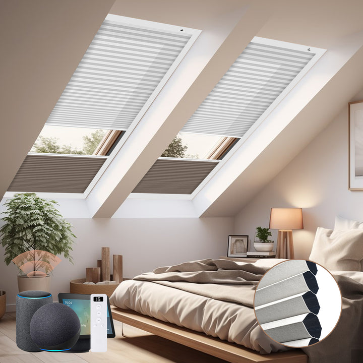 Bedroom with skylights covered by blinds, modern decor, and a plant.
