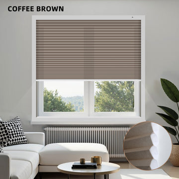 Coffee brown blinds in a window with a modern living room setup
