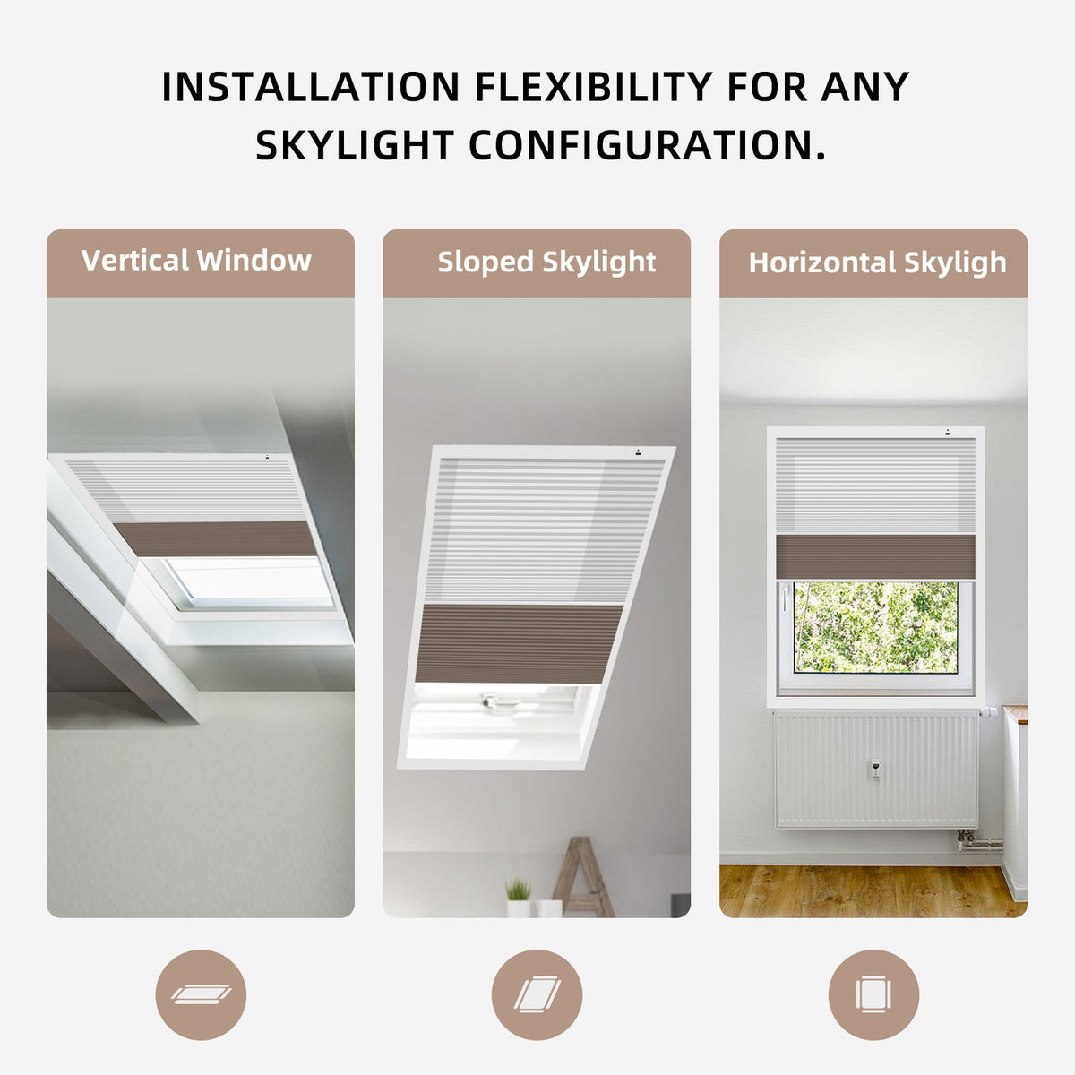 Three types of skylights with labels for vertical, sloped, and horizontal configurations.