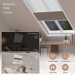 Smart window blinds control panel with room darkening feature and lifestyle images.