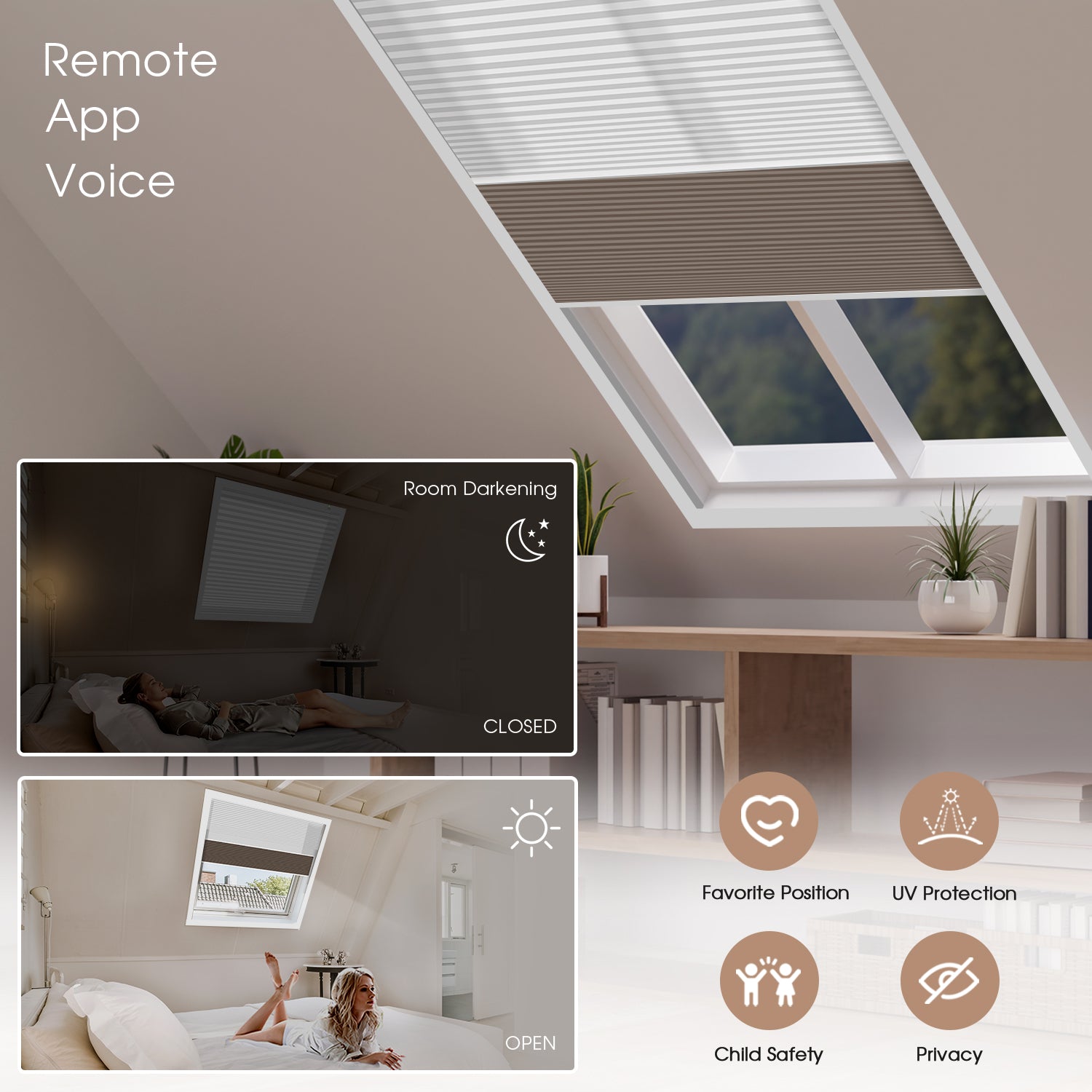 Smart window blinds control panel with room darkening feature and lifestyle images.