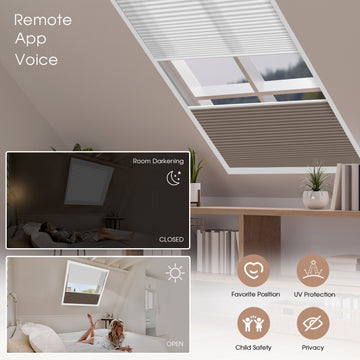 Smart window blinds control panel with room darkening feature and lifestyle images.