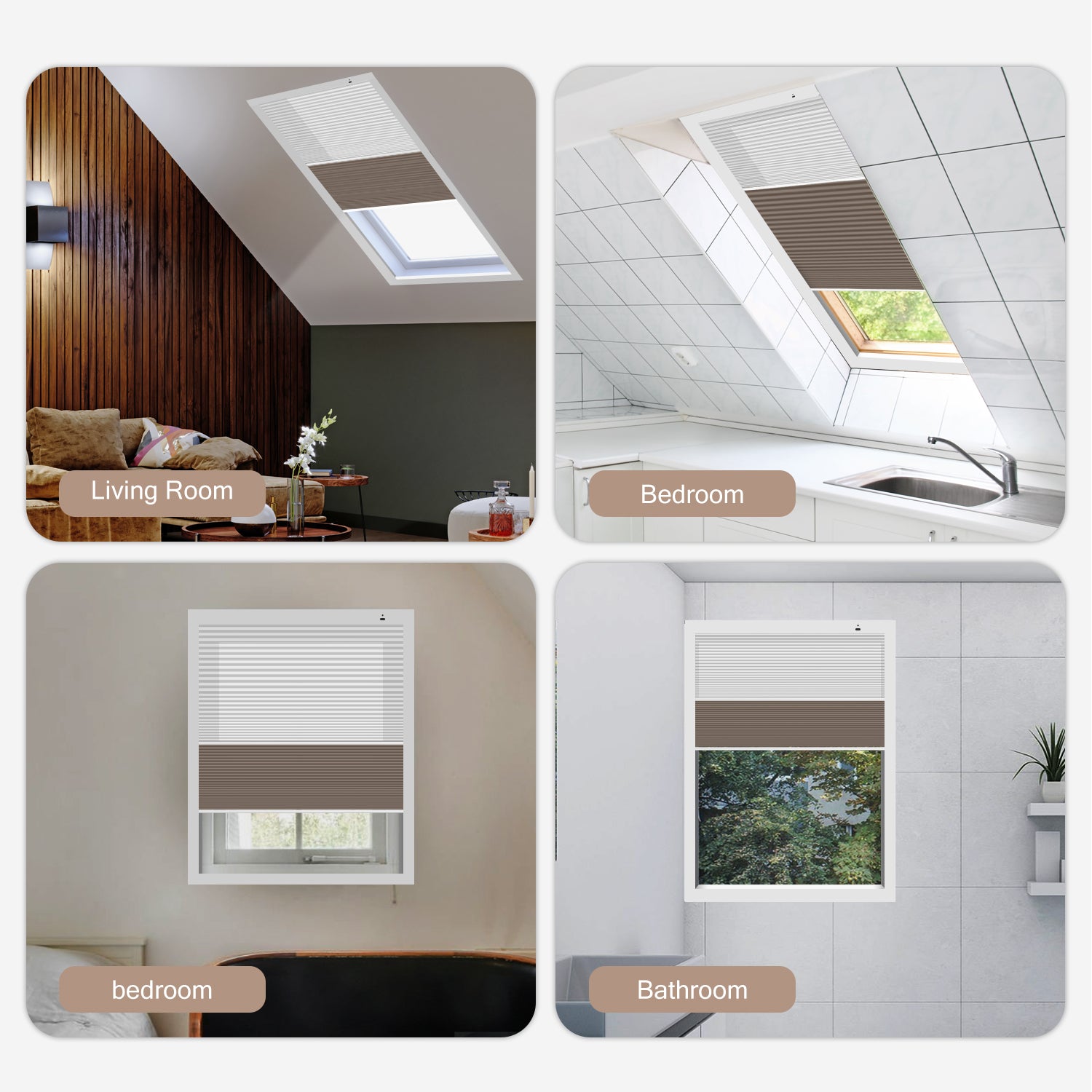 Collage of a ceiling-mounted light fixture in different rooms labeled 'Living Room', 'Bedroom', and 'Bathroom'.
