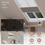 Smart room darkening blinds with remote control app and voice control features.