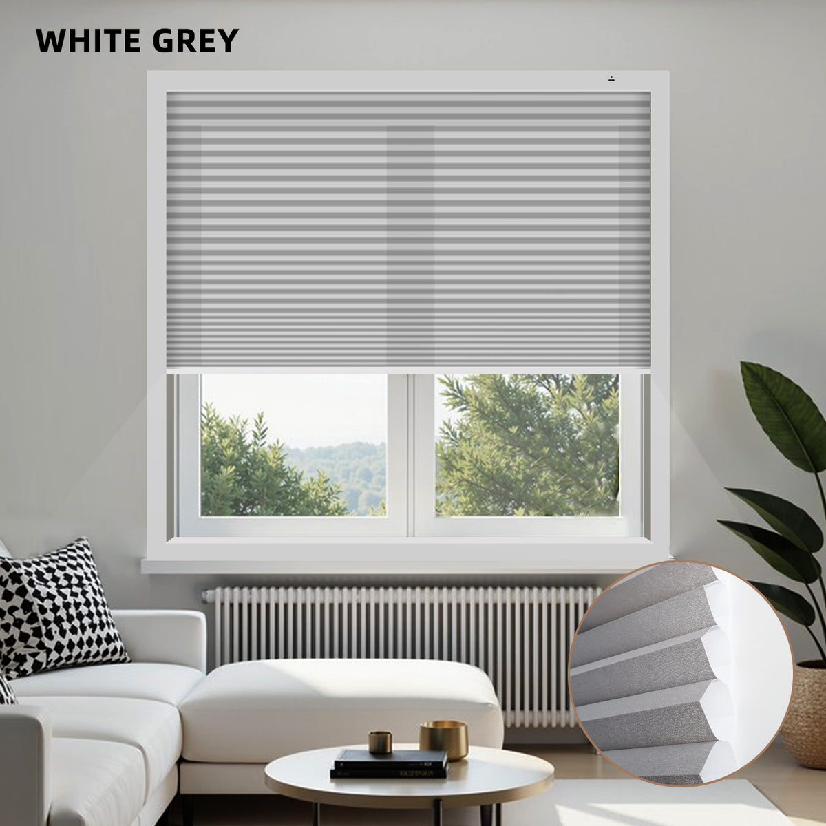 Living room with white gray blinds on a window, sofa, and decor items.