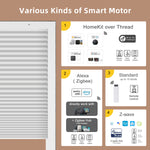 Smart motor with compatibility options including HomeKit over Thread, Alexa (Zigbee), Standard, and Z-wave on a brown background.