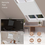 Room darkening honeycomb blinds with remote control app and voice control features.