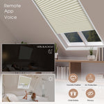 Smart window honeycomb  blind control panel with remote app and voice control features, shown in a modern room setting.