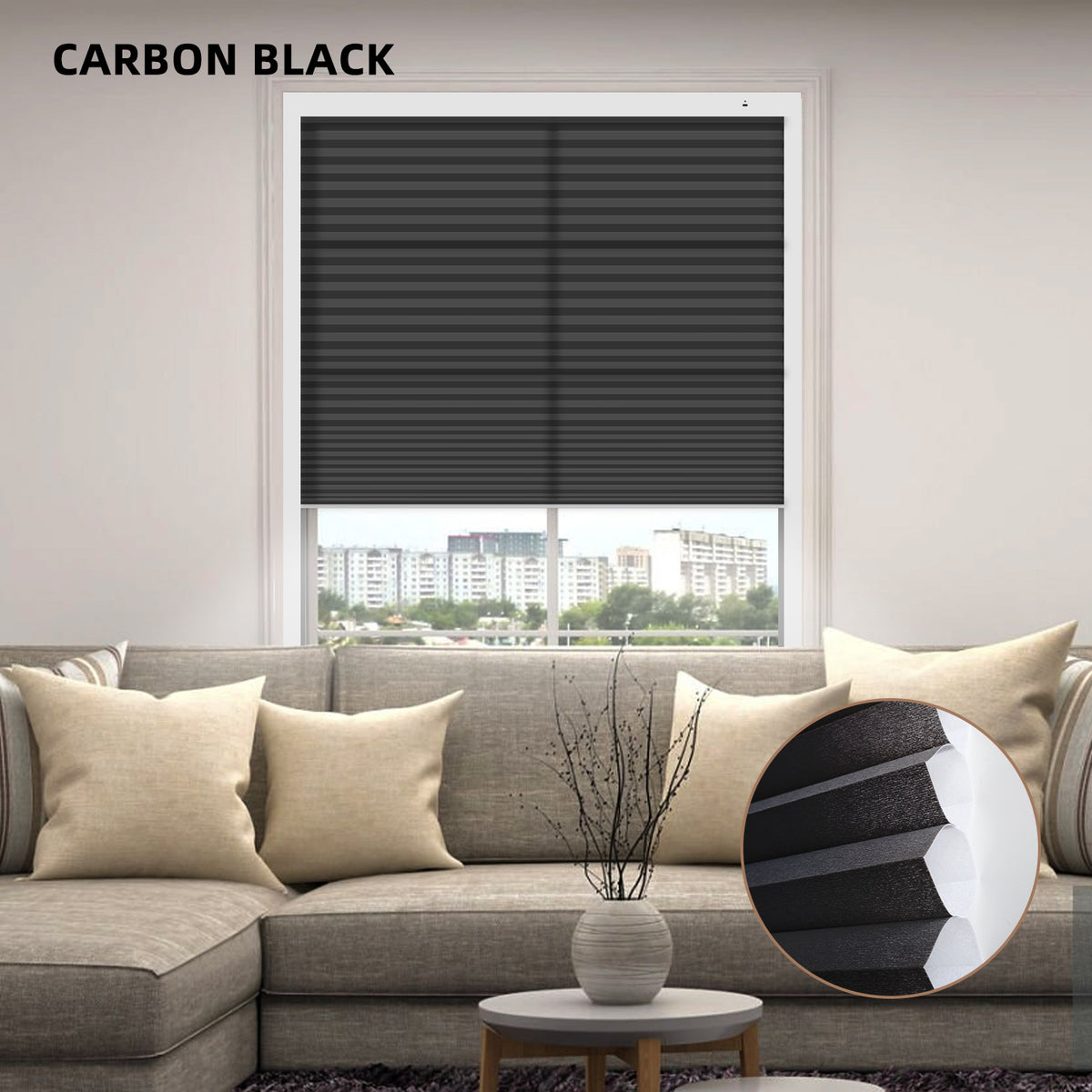Window with carbon black motorized cellular honeycomb shades in a living room setting