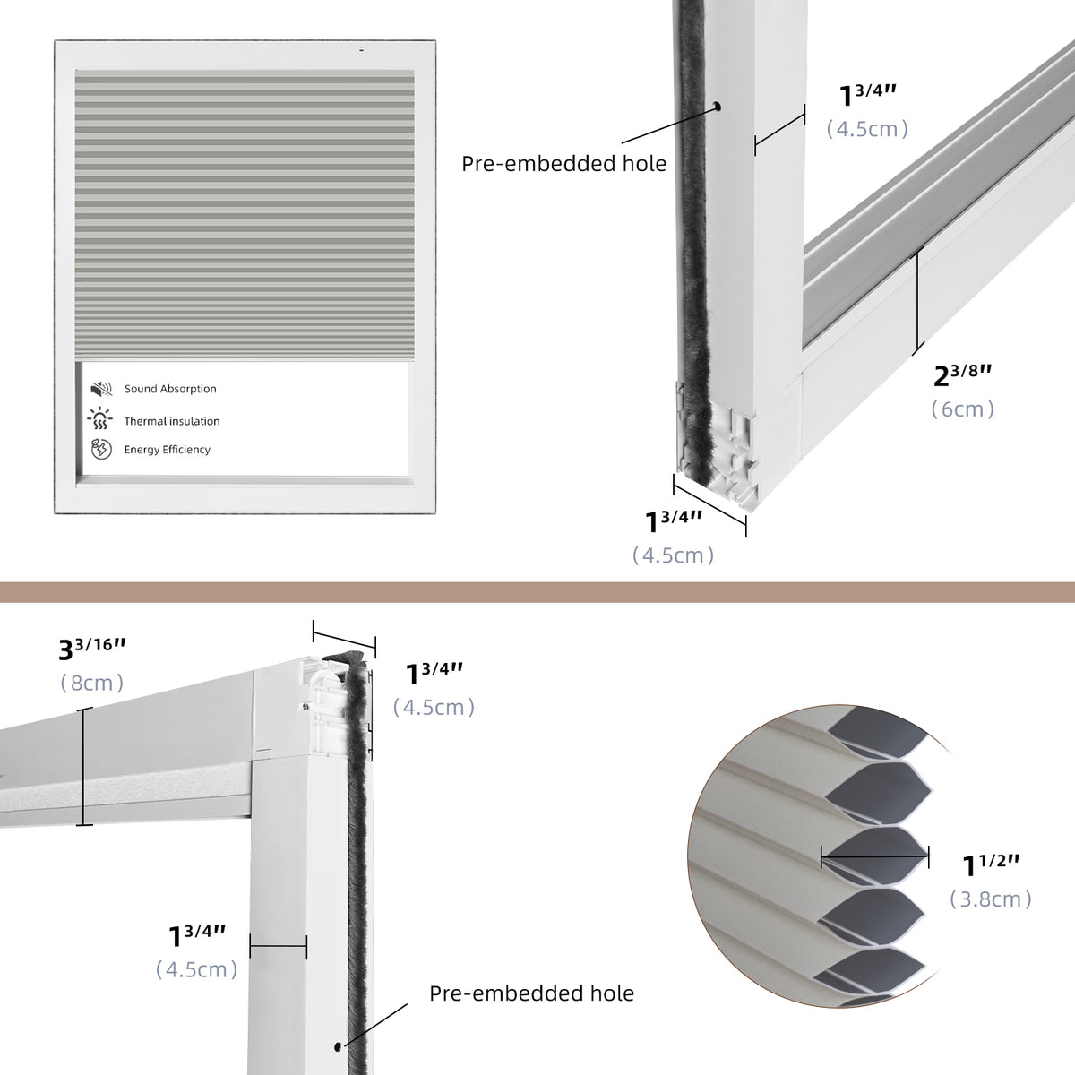 Technical diagram of a custom cellular shades with measurements and details.