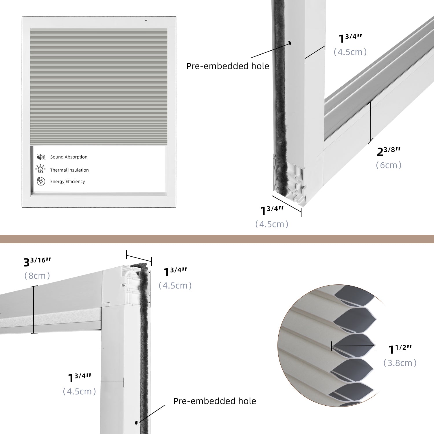 Technical diagram of a custom cellular shades with measurements and details.