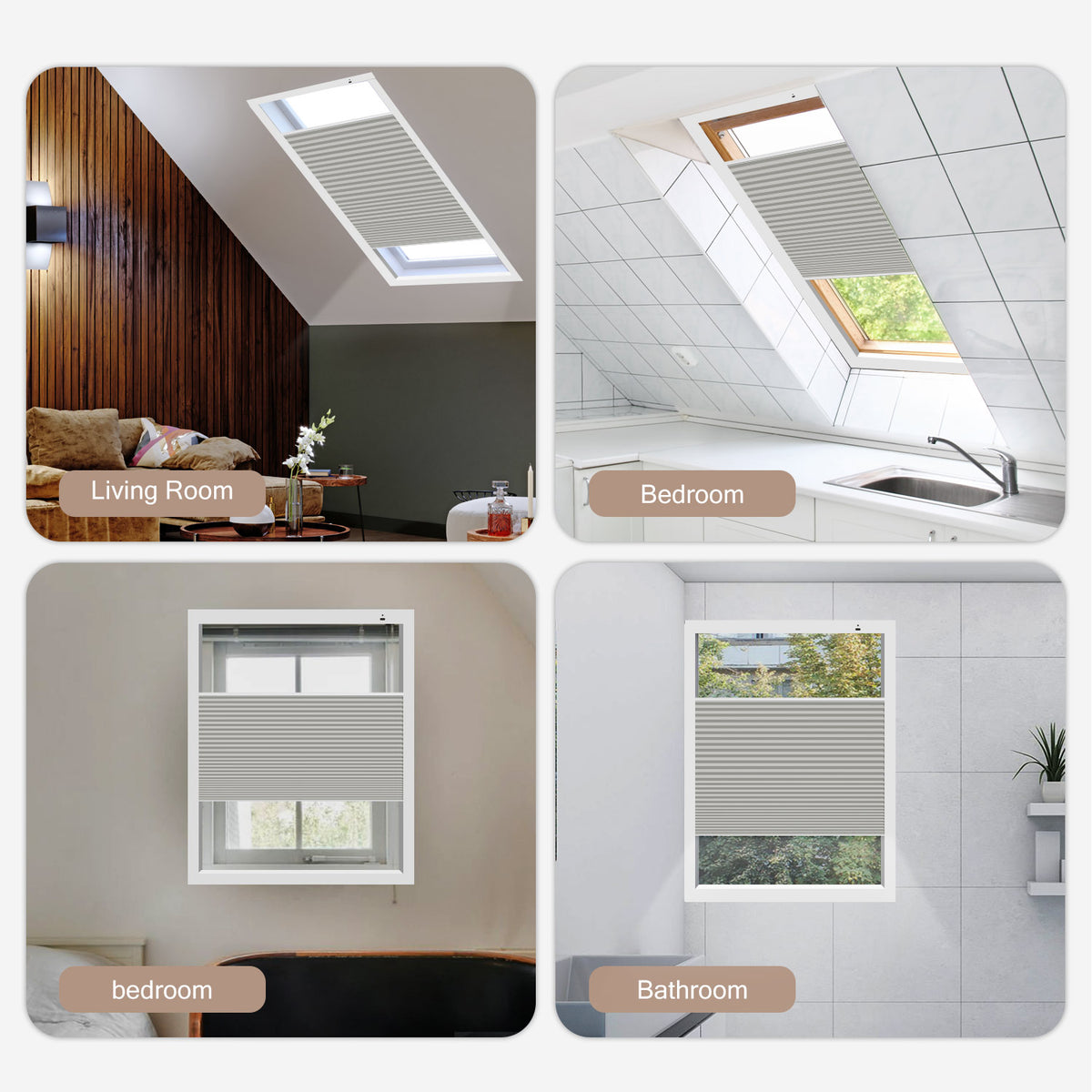 Collage of four images showing a ceiling vent in a living room, a window in a bedroom, a window in a bathroom, and a window in a kitchen.