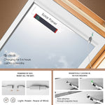 Solar panel system attached to a window with text on charging time and features.