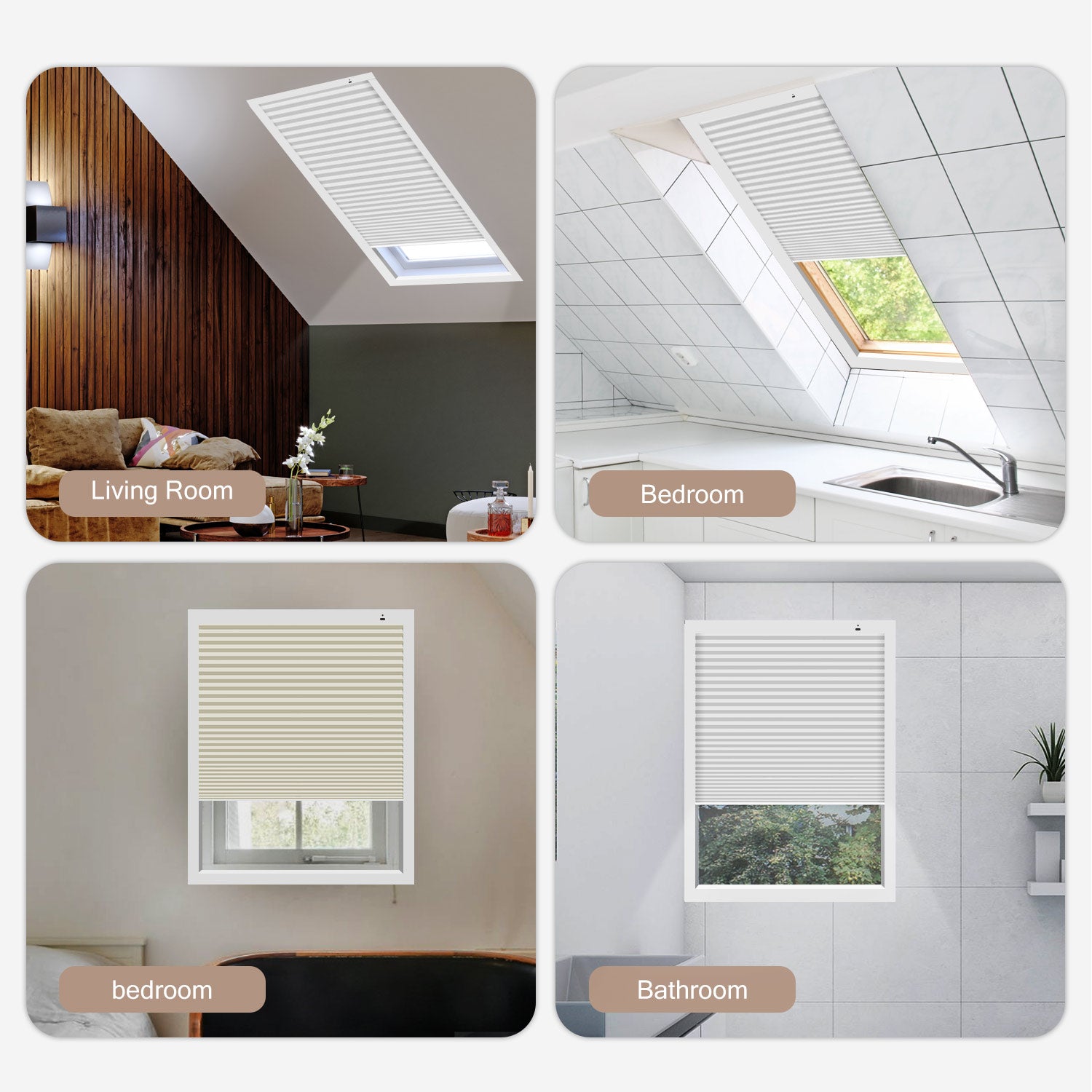 Collage of a window blind in different rooms including living room, bedroom, and bathroom.