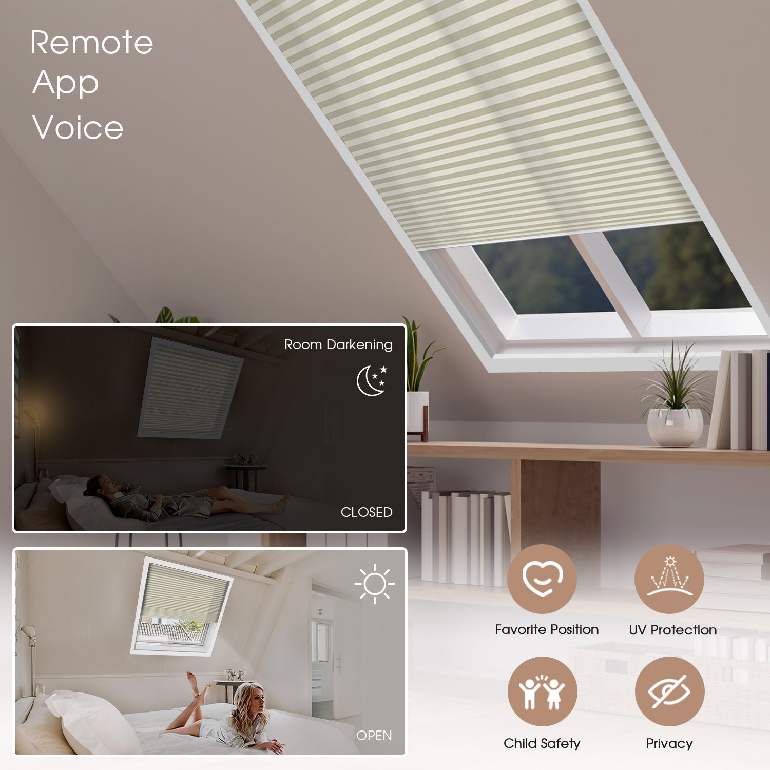Smart window light filtering cellular shades system with remote control app and voice control features.