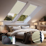 Bedroom with skylights top down bottom up cellular shades and a control panel, featuring a color swatch.