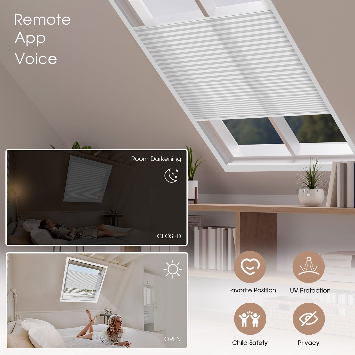 Smart window honeycomb blinds system with remote control app and voice control features.