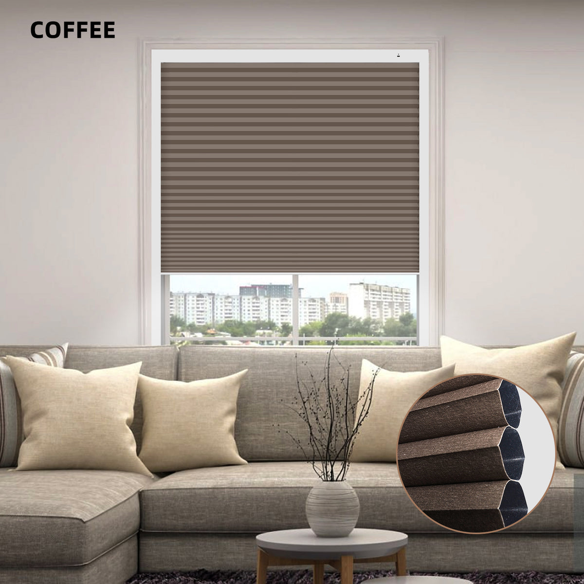 Coffee-colored window honeycomb  blinds in a living room setting with a sofa and decorative elements.