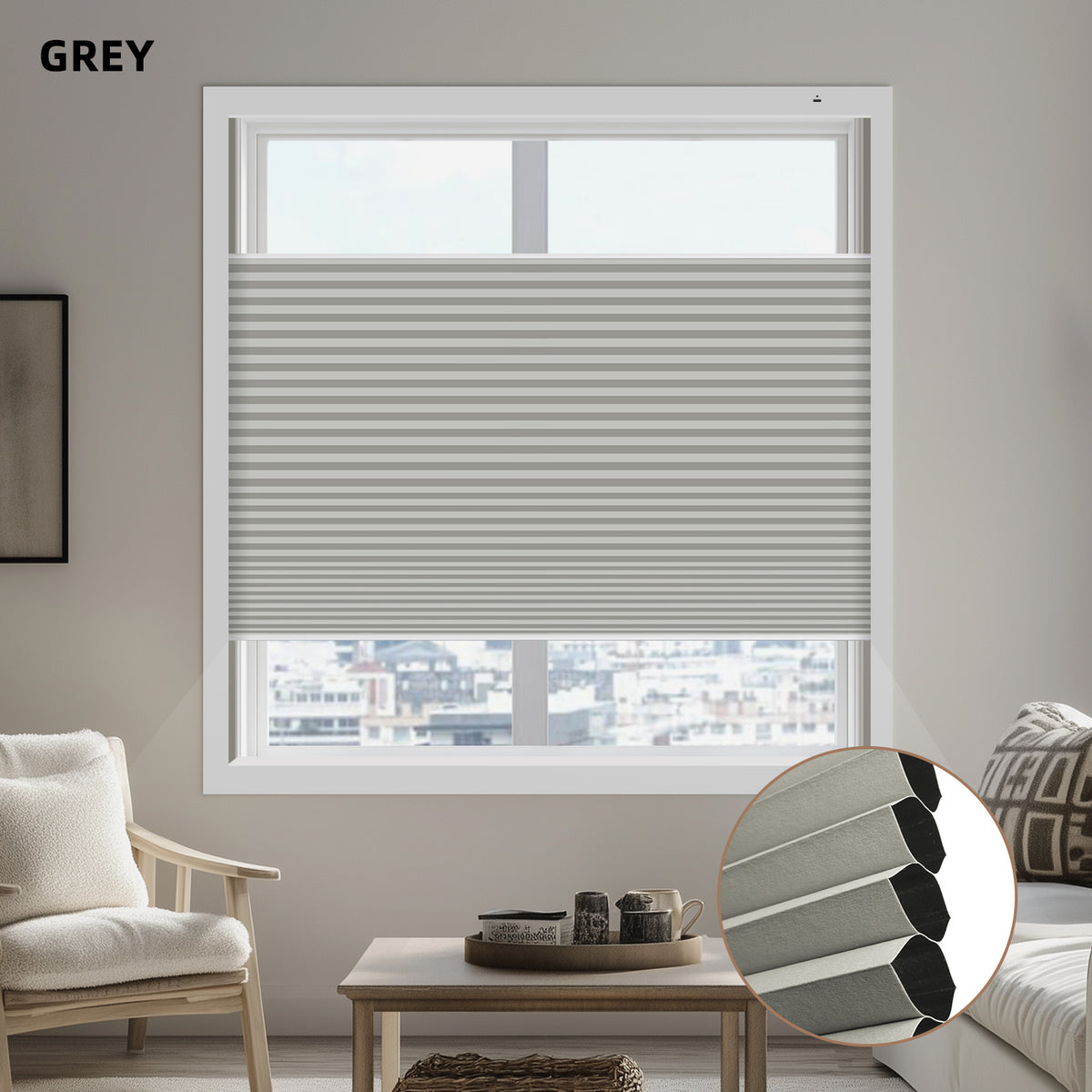 Living room with a window featuring gray blackout honeycomb blinds and modern decor.