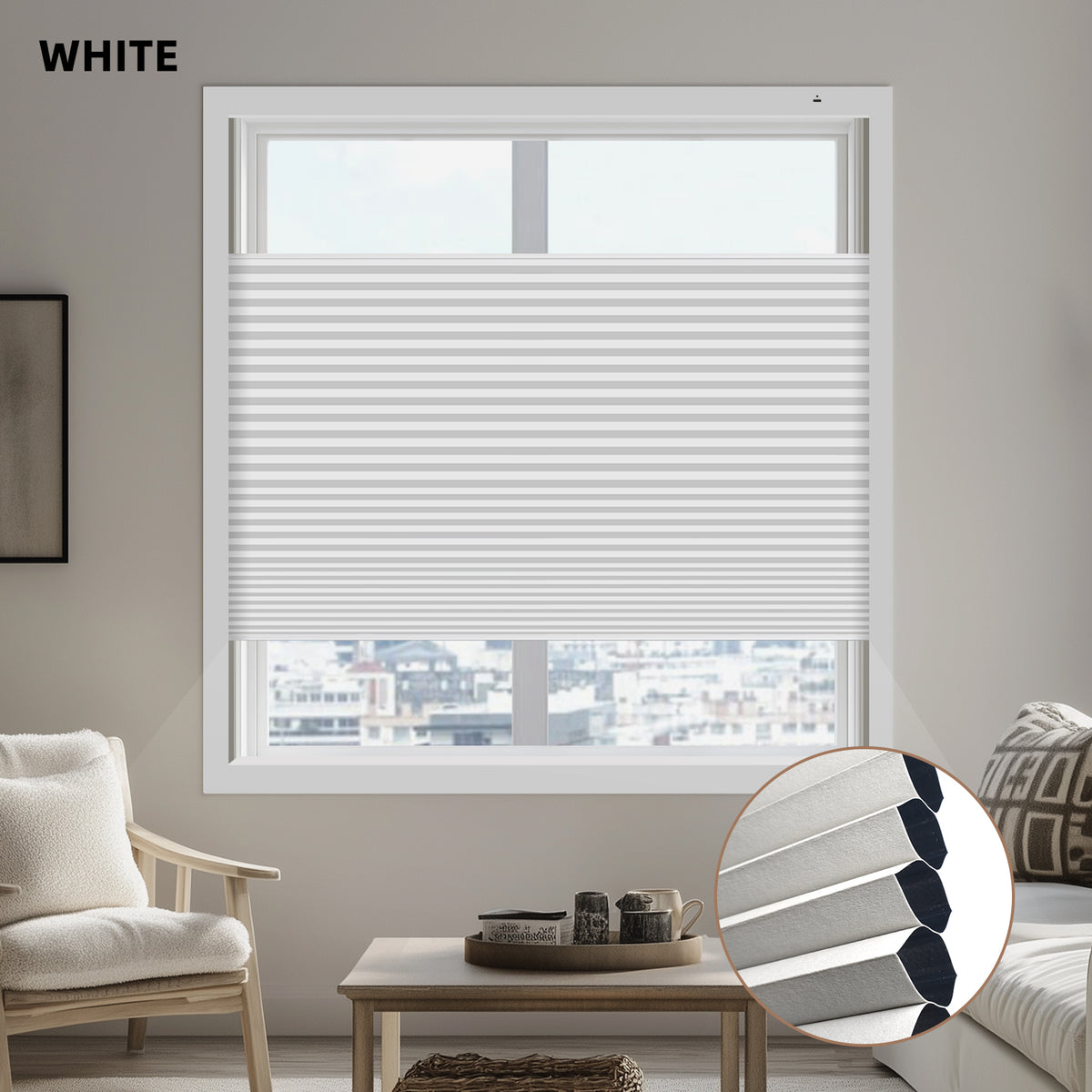 Living room with white window blackout cellular blinds and a view of a cityscape.