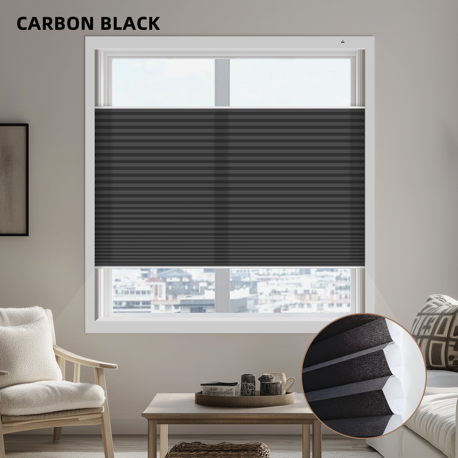 Living room with a window featuring carbon black light filtering cellular shades.