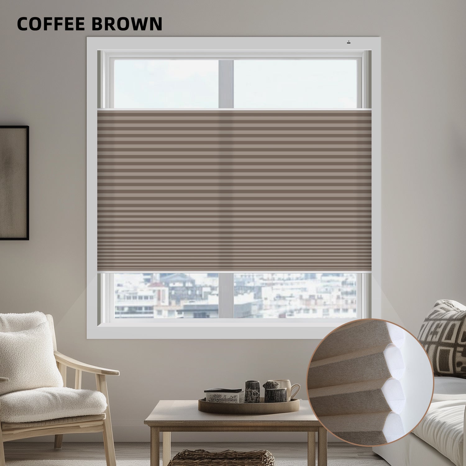 Coffee brown custom cellular blinds in a window with a modern living room setting.