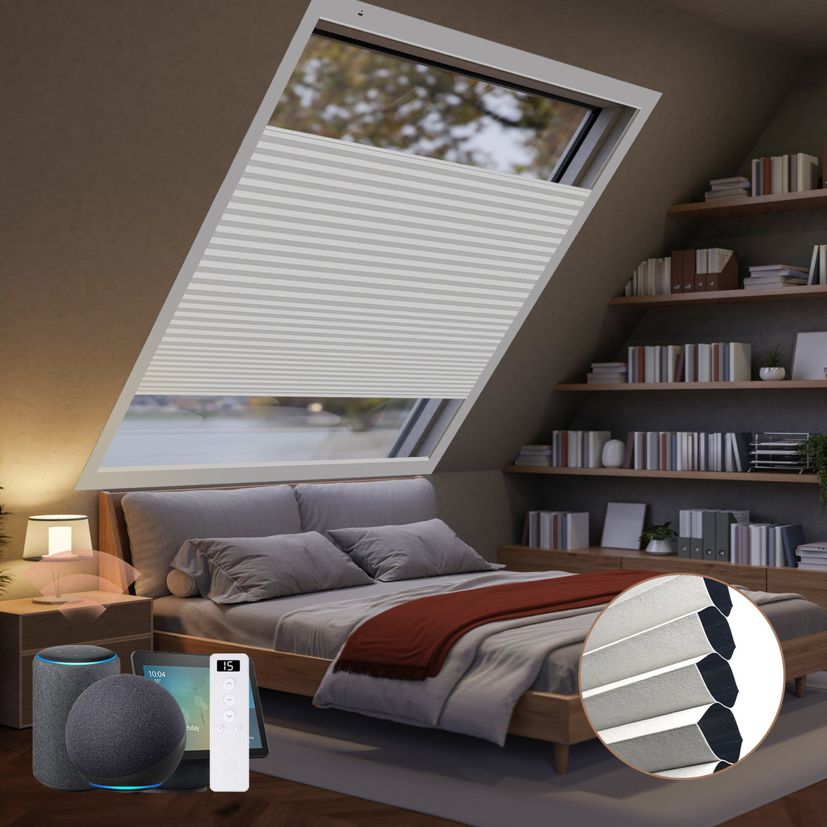 Bedroom with a skylight window covered by blackout honeycomb shades, nightstands, and a bookshelf.