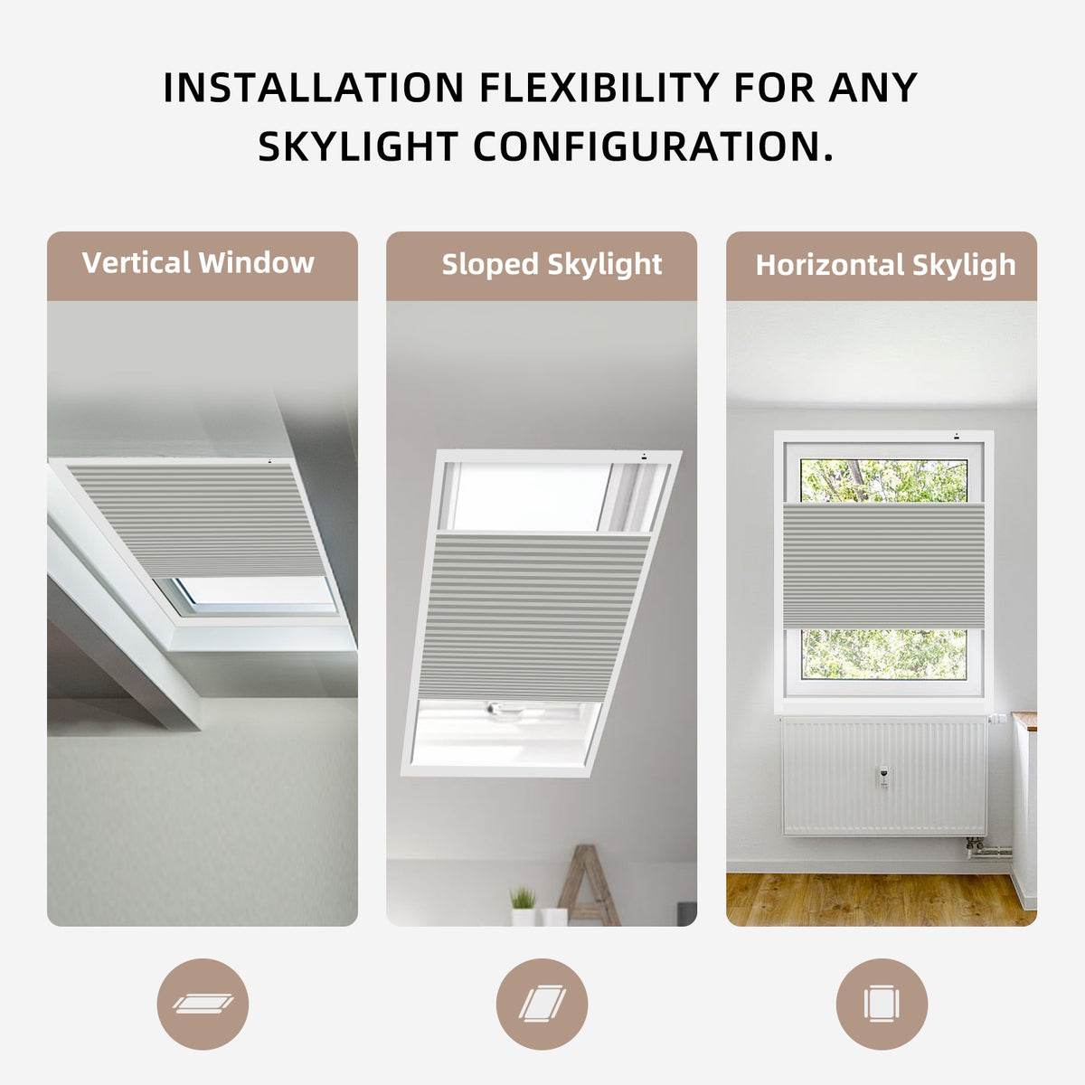 Three types of skylights honeycomb blinds with installation flexibility text above them.