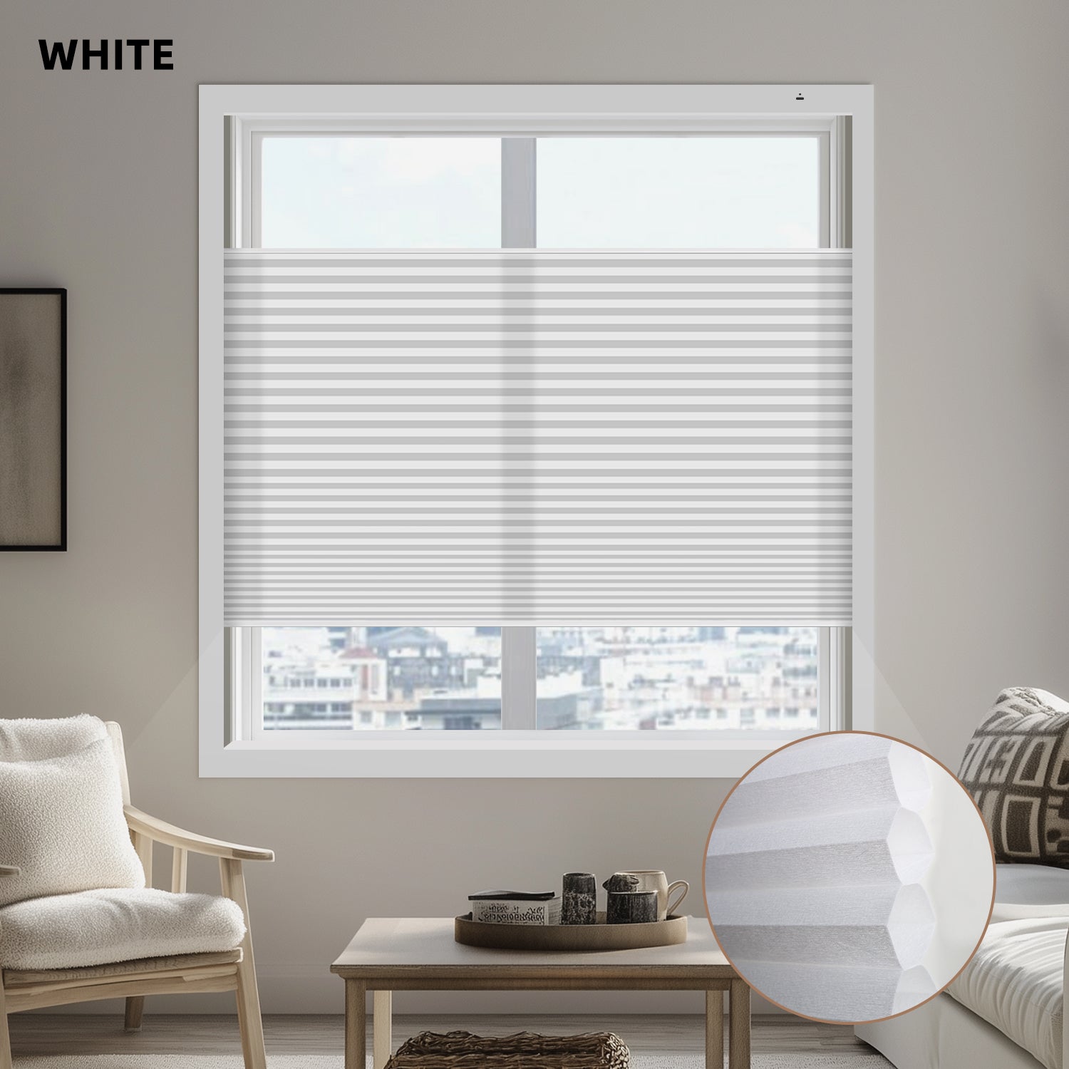 Window with white cellular blinds in a living room setting, showing a close-up of the blinds in the corner.