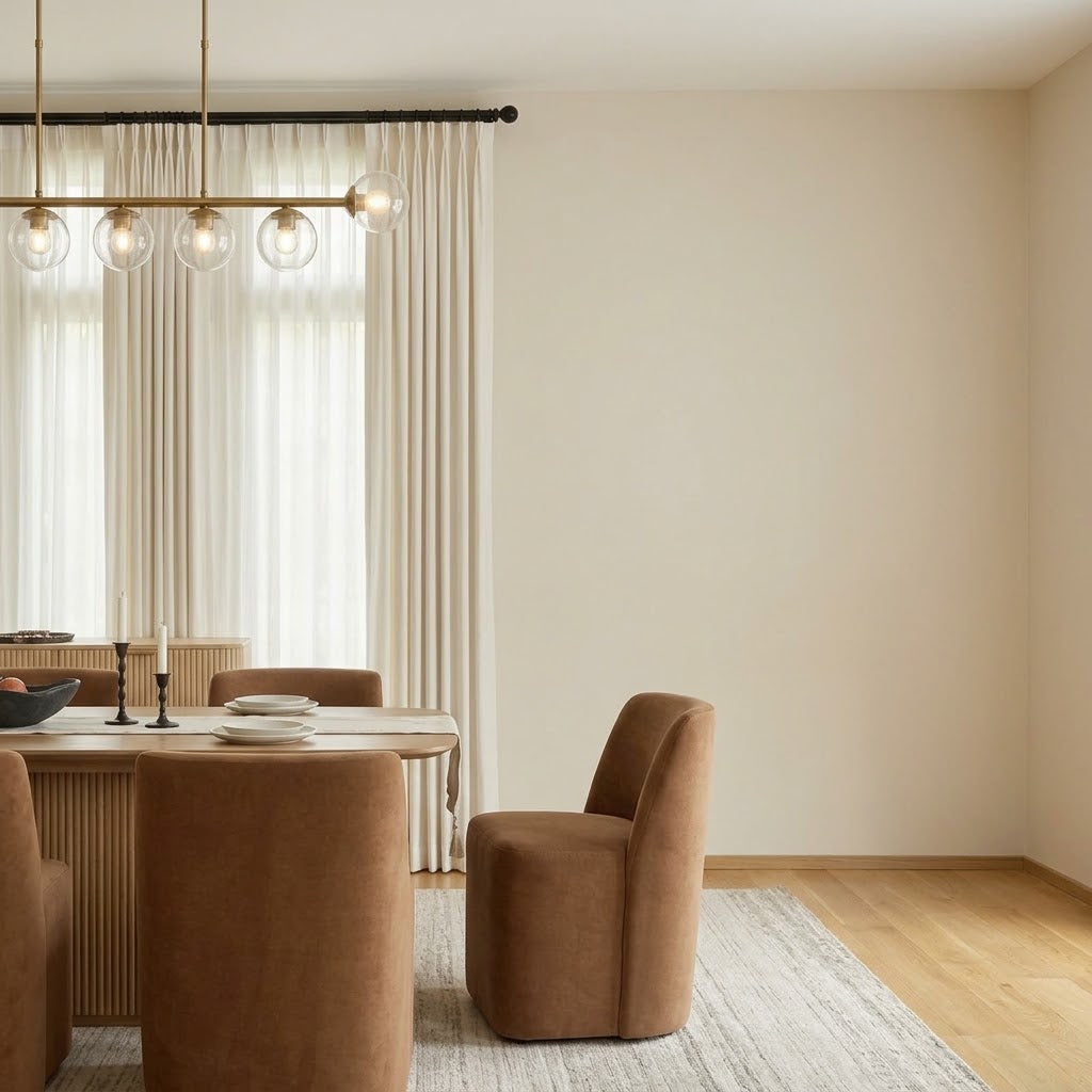 A modern dining room interior featuring a light wood dining table, two brown upholstered chairs, a long brass pendant light with glass globes, beige curtains, and a light rug on a wood floor.